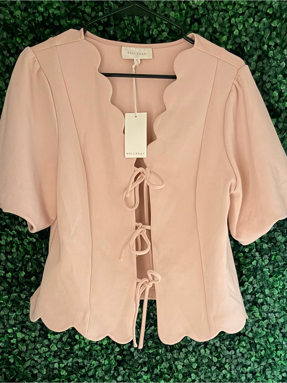MELLODAY Blush Pink Scallop-Edge Tie-Front Blouse